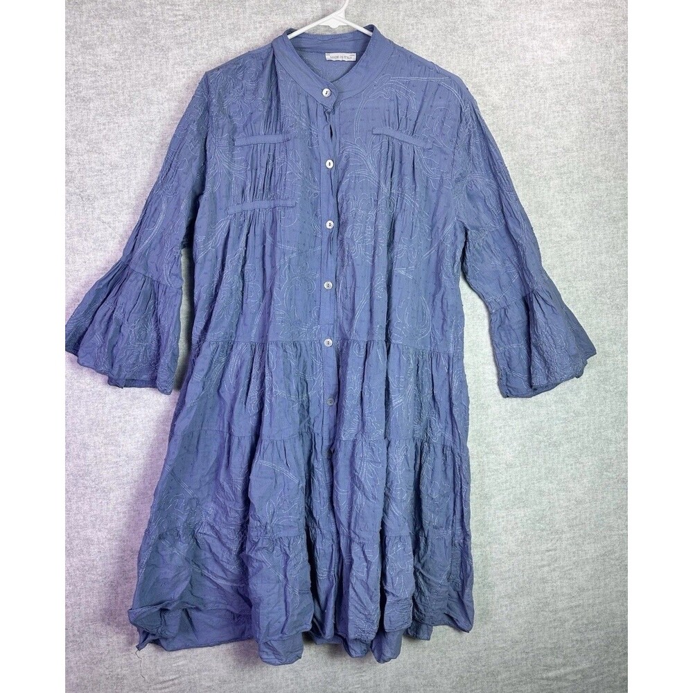 Made in Italy Blue Cotton Dress Embroidered Detail Swiss Dot Cottage Prairie Lg - Picture 2 of 9